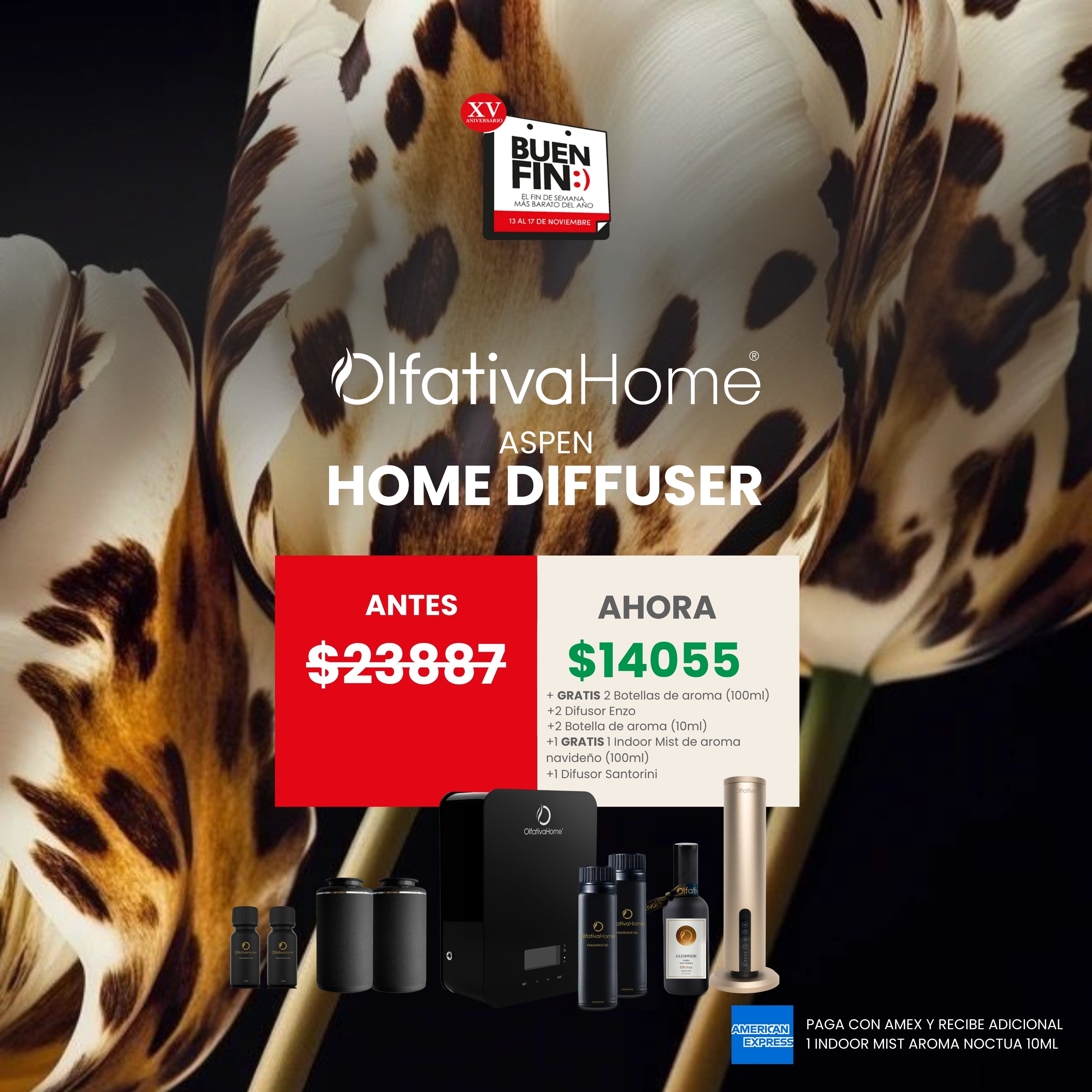 SET Aspen Diffuser with Aroma Subscription + Santorini PRO Diffuser with Aroma Subscription. Receive FREE: Two 100 ml bottles of Niche Aroma (your choice) + two Enzo Auto Diffusers + two 10 ml scents + one 100 ml Christmas Indoor Mist.